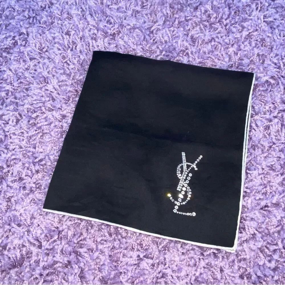 AUTH VTG YSL Yves Saint Laurent Black Cotton Rhinestone Logo Handkerchief Scarf